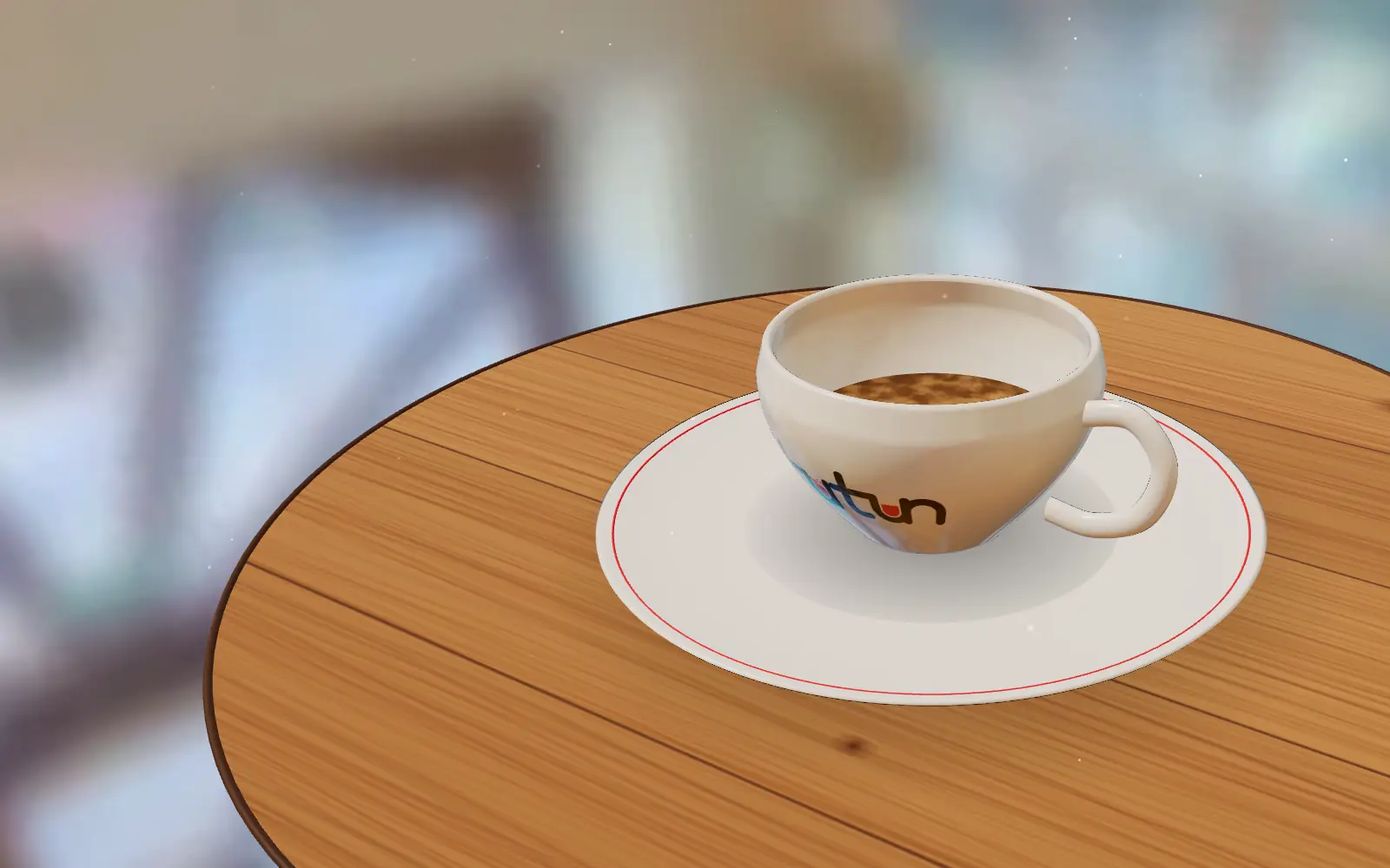 Ceașca albă Café Tutun cu sigla roșie, pe o masă de lemn în cafeneaua noastră